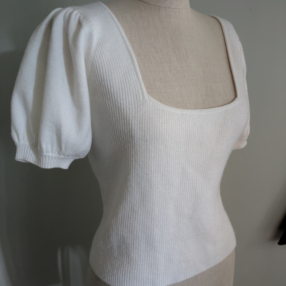 French Connection White Puff Sleeve Ribbed Blouse